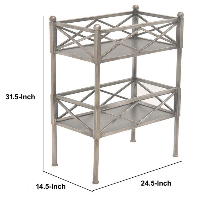 2 Tier Metal Frame Storage Shelf with Geometric Details, Silver