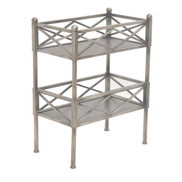 2 Tier Metal Frame Storage Shelf with Geometric Details, Silver