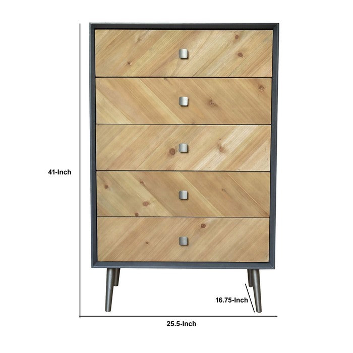 Wooden Cabinet with 5 Drawers and Tapered legs, Brown and Gray
