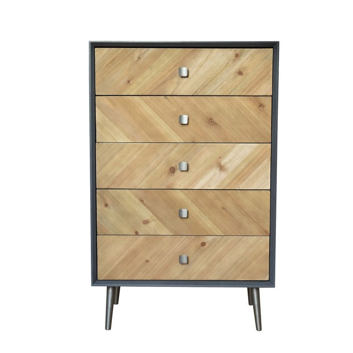 Wooden Cabinet with 5 Drawers and Tapered legs, Brown and Gray