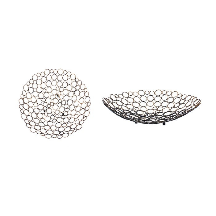 Decorative Metal Tray with Mesh Design and Ball Support,Gold and Black