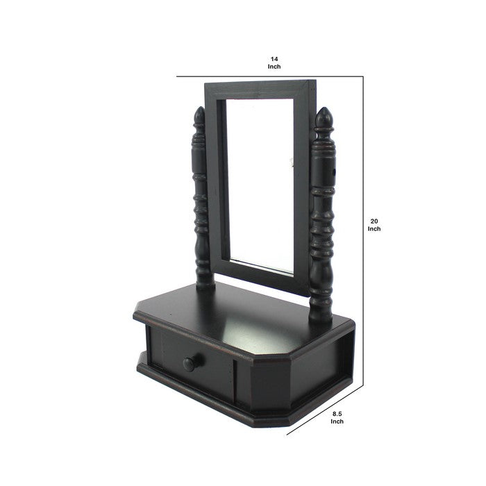 Traditional Wooden Table Mirror with 1 Drawer, Black and Silver