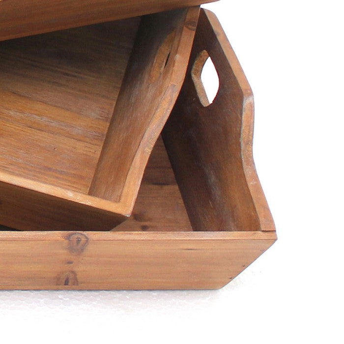 Rectangular Wooden Serving Tray with Cut Out Handles, Set of 3, Brown