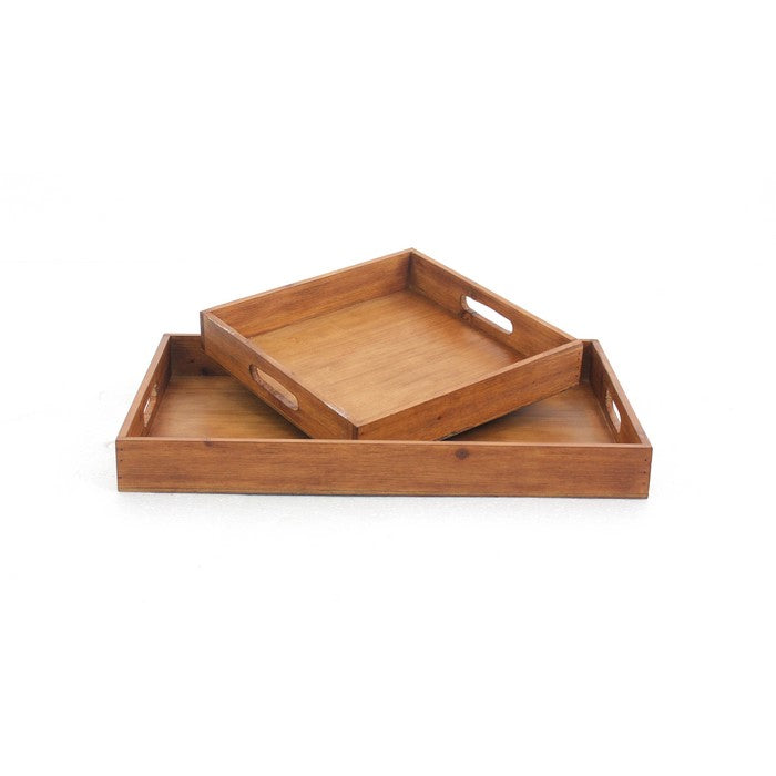 Rectangular Wooden Serving Tray with Cut Out Handles, Set of 2, Brown