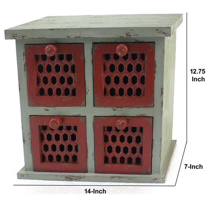 Wooden Table Top Organizer with 4 Drawers, Distressed Gray and Red