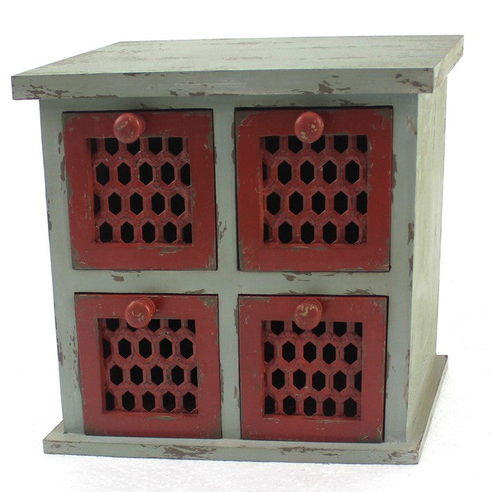 Wooden Table Top Organizer with 4 Drawers, Distressed Gray and Red