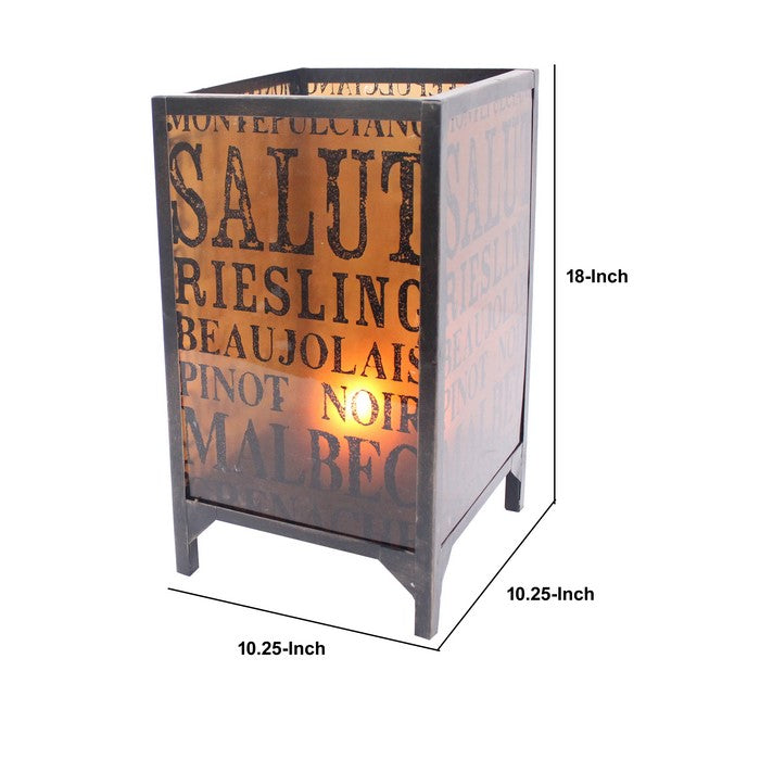 Cuboidal Metal and Glass Candleholder with Typography, Black and Clear