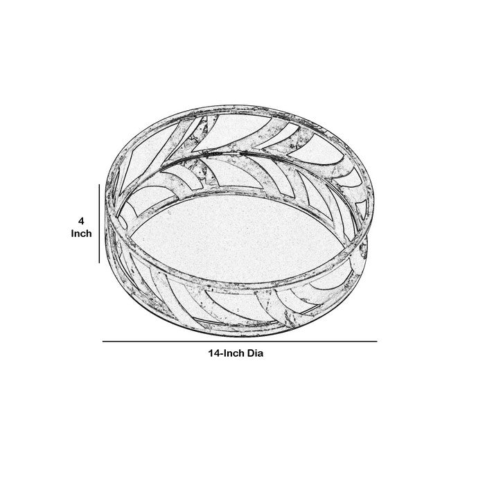 Round Metal Tray with Geometric Mirror Panel Inserts, Silver