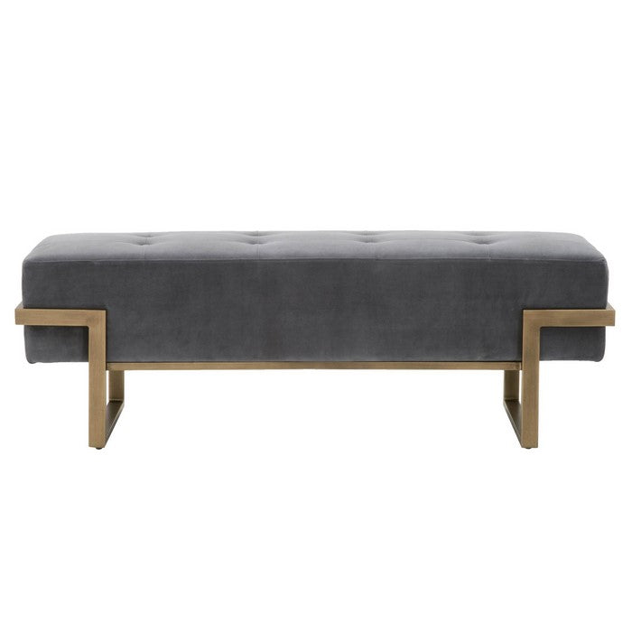 Button Tufted Fabric Upholstered Bench with Metal Base, Gray and Brass