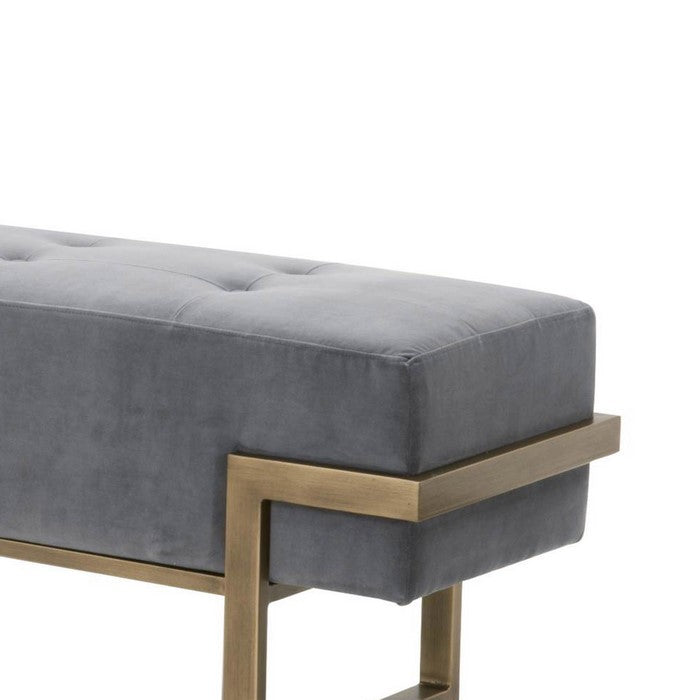 Button Tufted Fabric Upholstered Bench with Metal Base, Gray and Brass