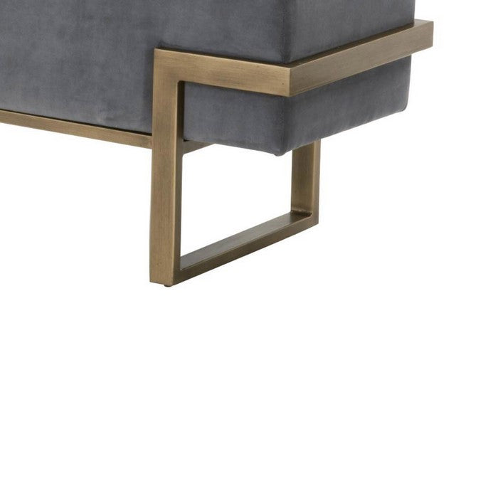 Button Tufted Fabric Upholstered Bench with Metal Base, Gray and Brass