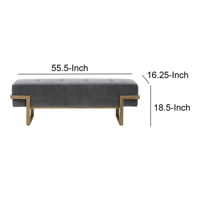 Button Tufted Fabric Upholstered Bench with Metal Base, Gray and Brass