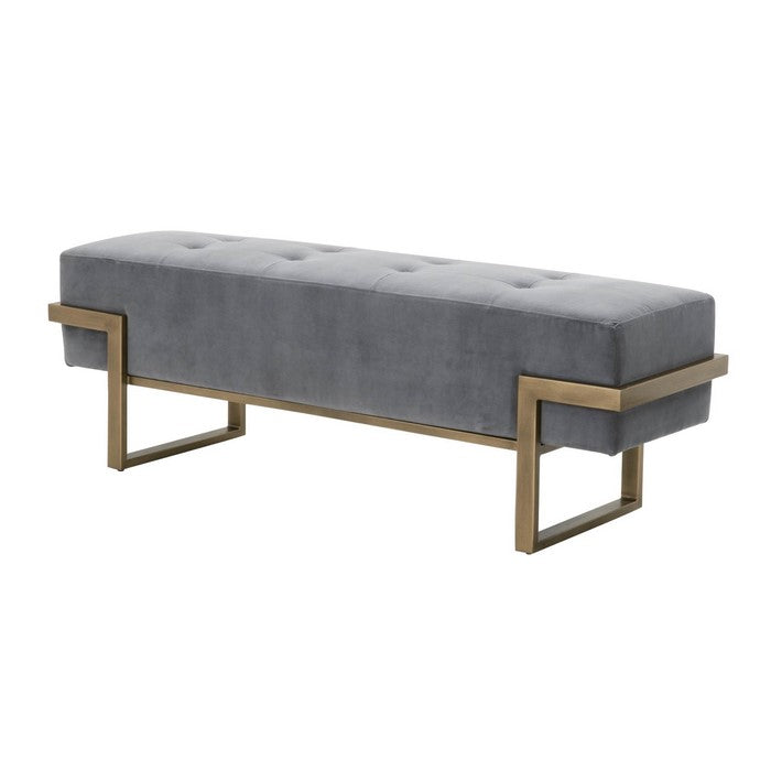 Button Tufted Fabric Upholstered Bench with Metal Base, Gray and Brass