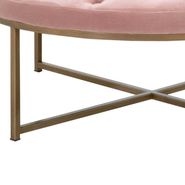 Button Tufted Fabric Upholstered Coffee Table with Metal Base, Pink and Brass