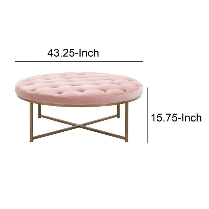 Button Tufted Fabric Upholstered Coffee Table with Metal Base, Pink and Brass