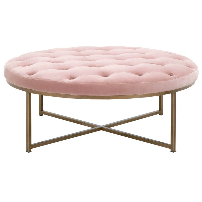 Button Tufted Fabric Upholstered Coffee Table with Metal Base, Pink and Brass