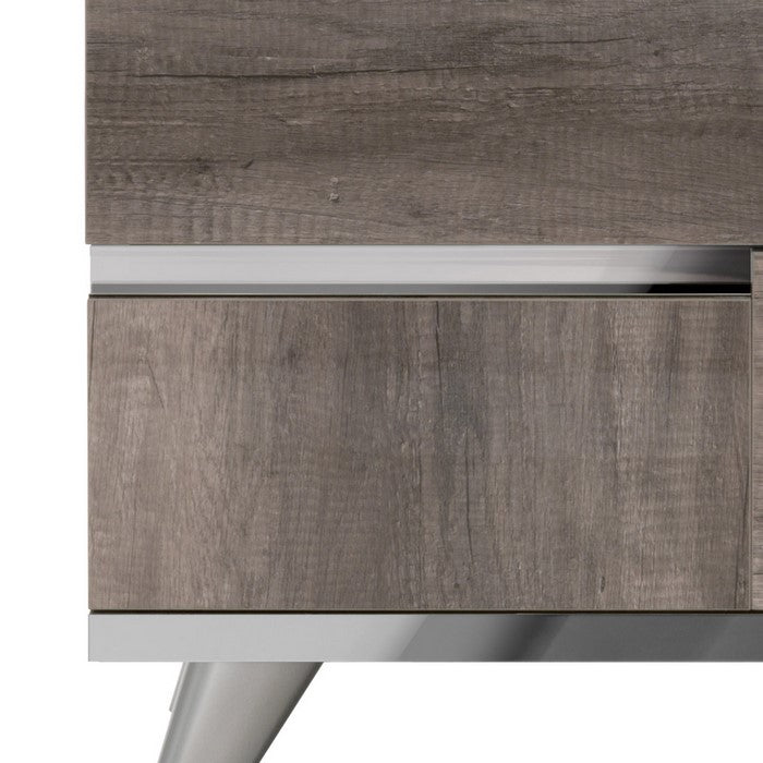 2 Drawers Wooden Frame Nightstand with Metal Trim, Brown and Silver