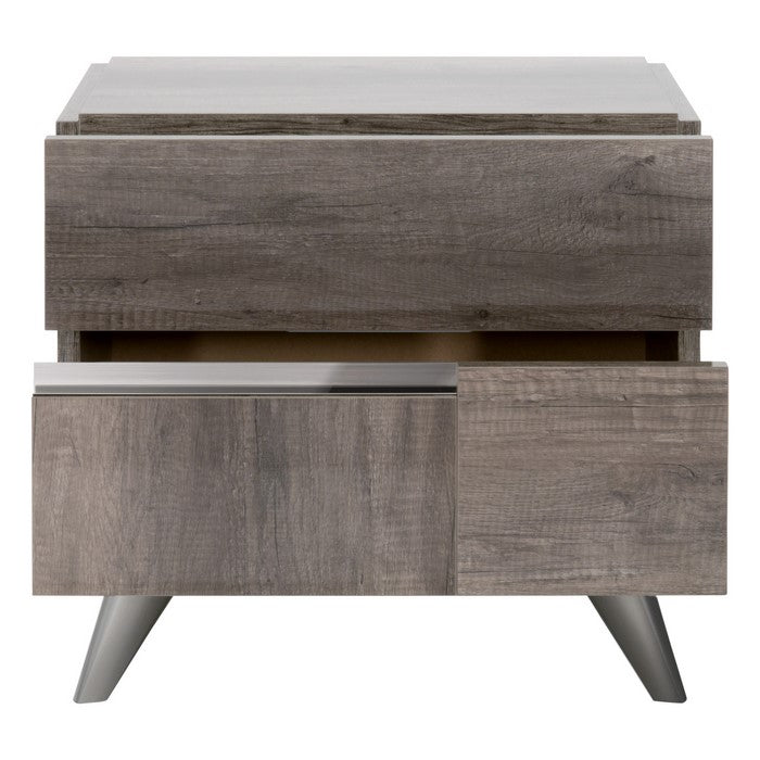 2 Drawers Wooden Frame Nightstand with Metal Trim, Brown and Silver
