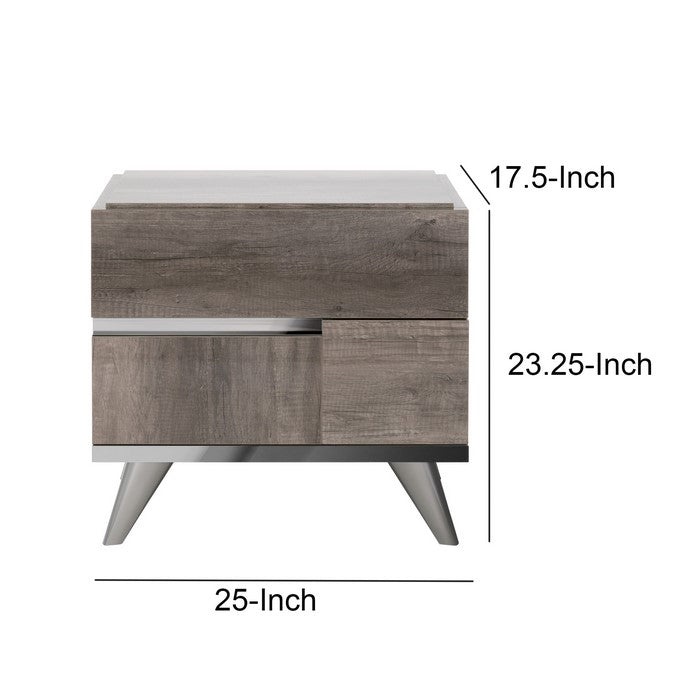 2 Drawers Wooden Frame Nightstand with Metal Trim, Brown and Silver