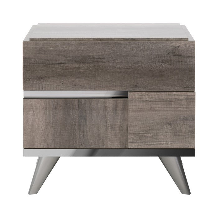 2 Drawers Wooden Frame Nightstand with Metal Trim, Brown and Silver