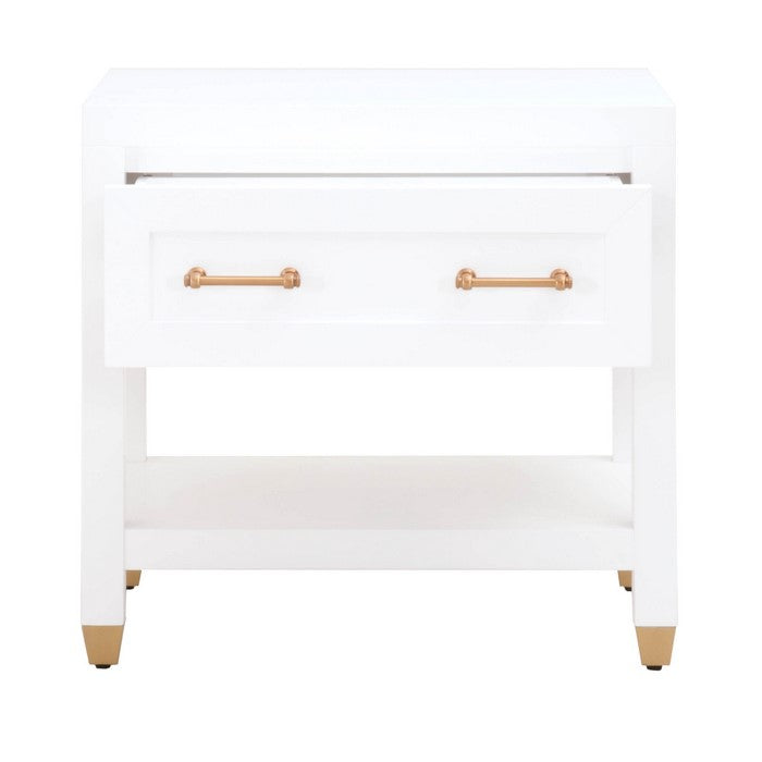 1 Drawer Wooden Frame Nightstand with Open Shelf, White and Brass