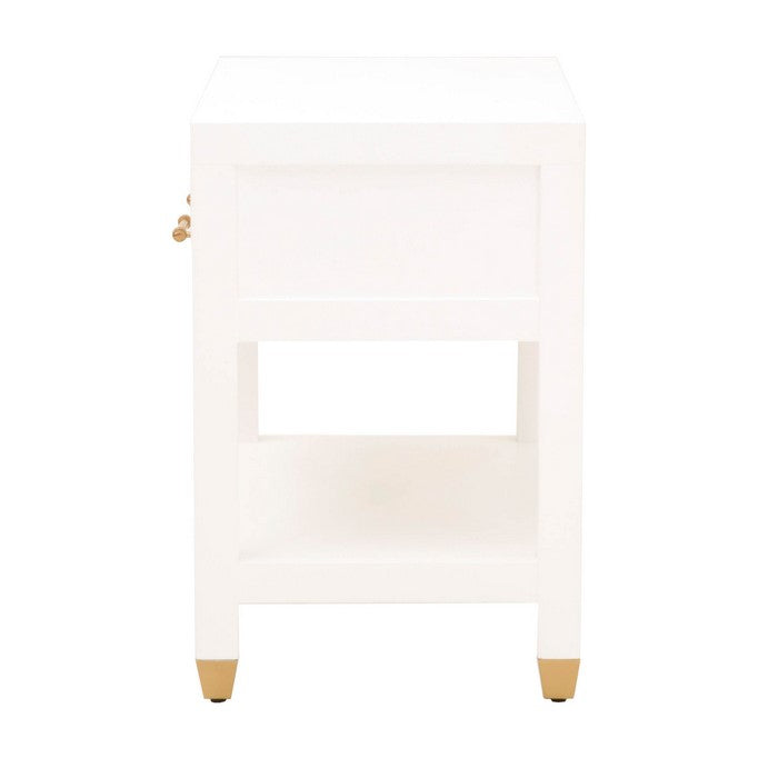 1 Drawer Wooden Frame Nightstand with Open Shelf, White and Brass