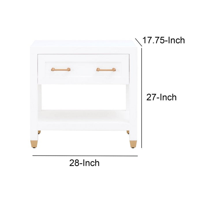 1 Drawer Wooden Frame Nightstand with Open Shelf, White and Brass