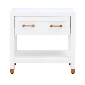 1 Drawer Wooden Frame Nightstand with Open Shelf, White and Brass