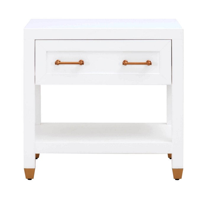 1 Drawer Wooden Frame Nightstand with Open Shelf, White and Brass