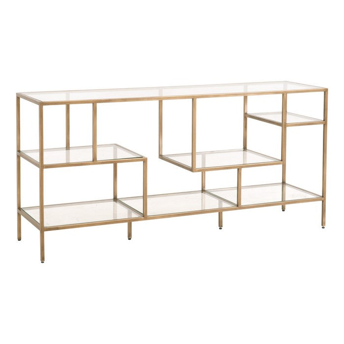 Glass and Metal Frame Bookcase with 4 Shelves, Brass and Clear