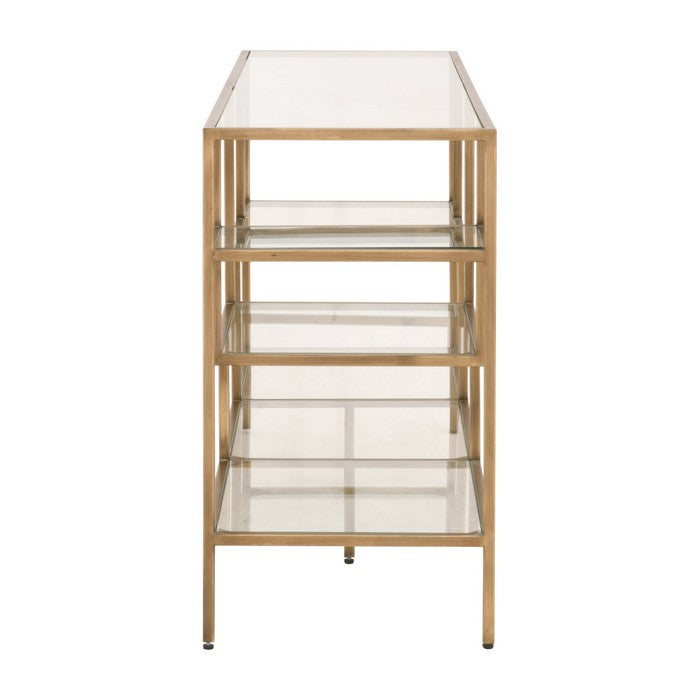 Glass and Metal Frame Bookcase with 4 Shelves, Brass and Clear