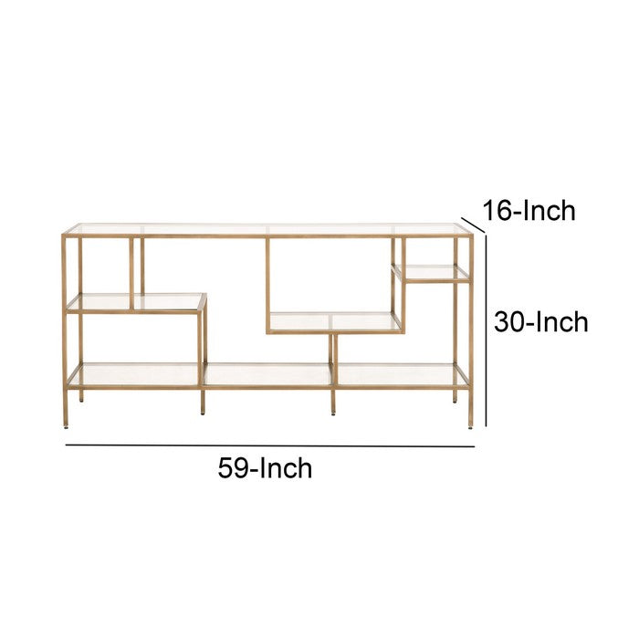 Glass and Metal Frame Bookcase with 4 Shelves, Brass and Clear
