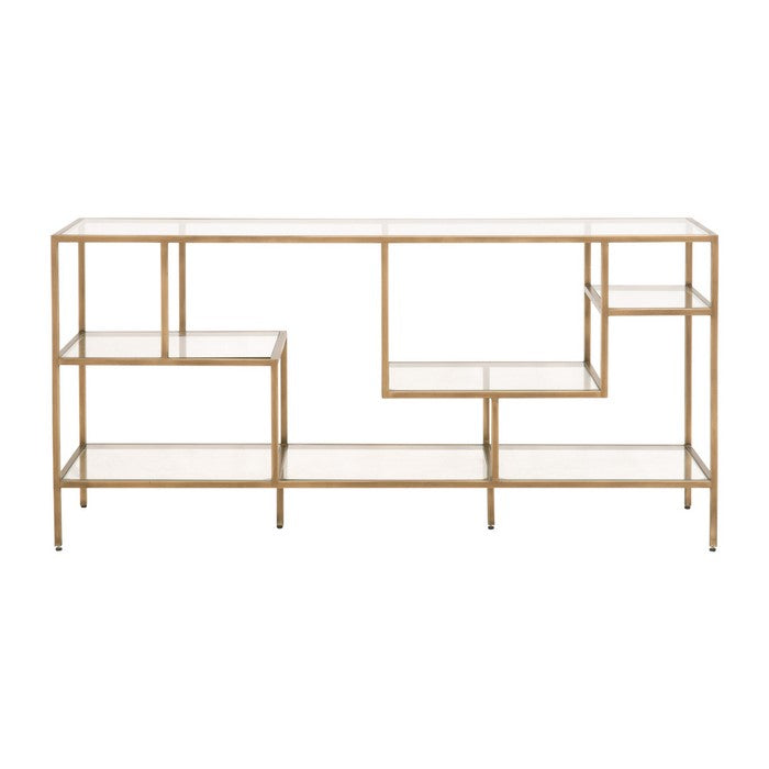 Glass and Metal Frame Bookcase with 4 Shelves, Brass and Clear