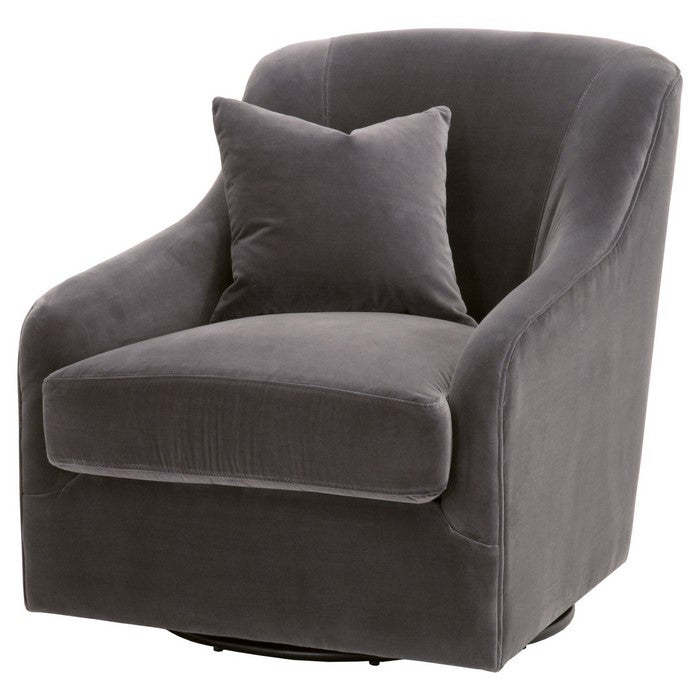 Skirted Fabric Upholstered Swivel Club Chair with Sloped Arms, Gray