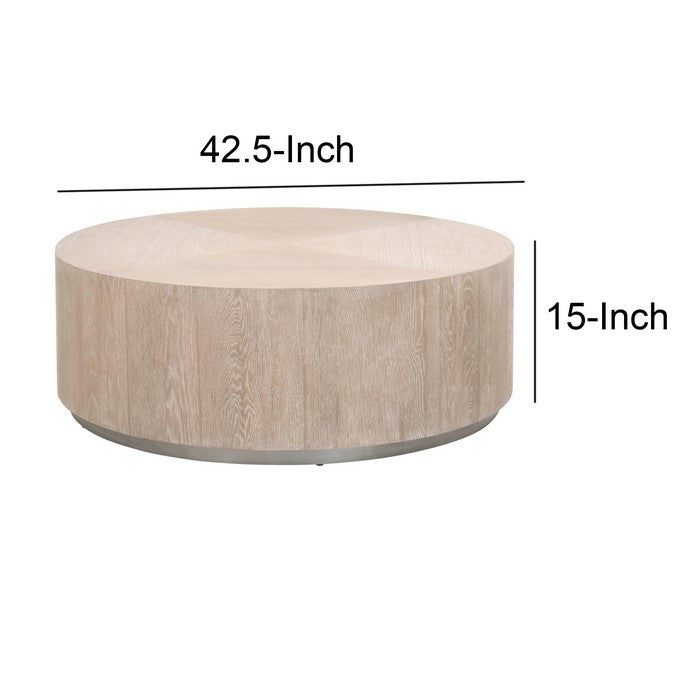 Round Grained Wooden Frame Coffee Table with Metal Base, Brown and Gray