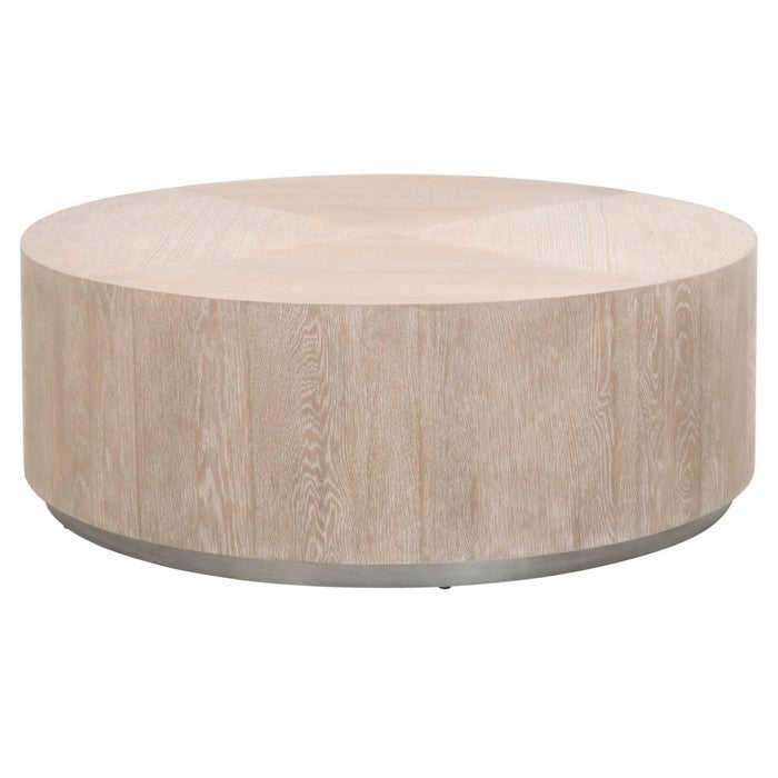 Round Grained Wooden Frame Coffee Table with Metal Base, Brown and Gray