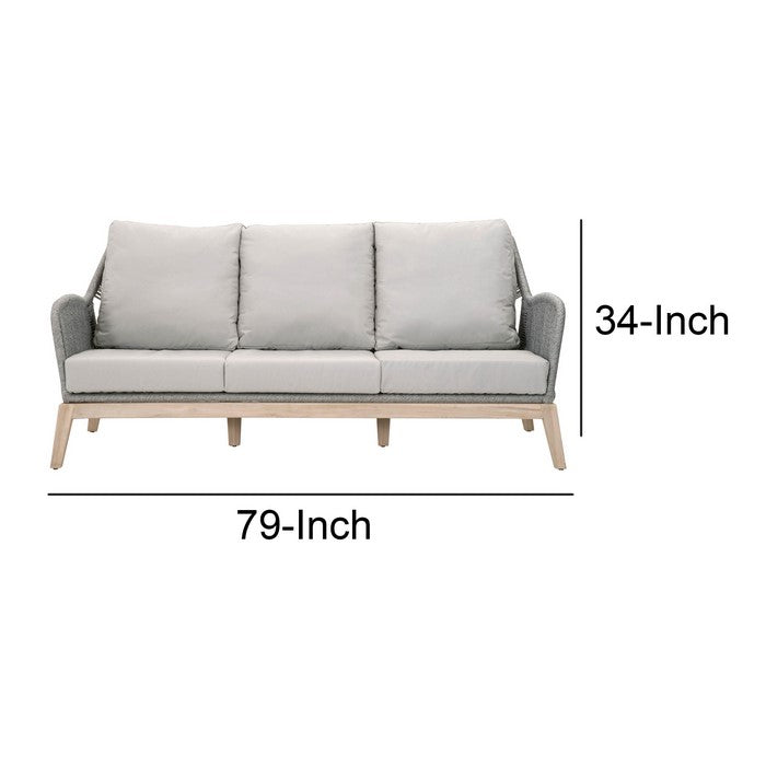 Rope Weaved Wooden Frame Sofa with Fabric Padded Seating, Gray and Brown