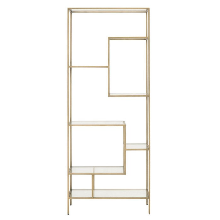 Glass and Metal Frame Bookcase with 7 Shelves, Brass and Clear