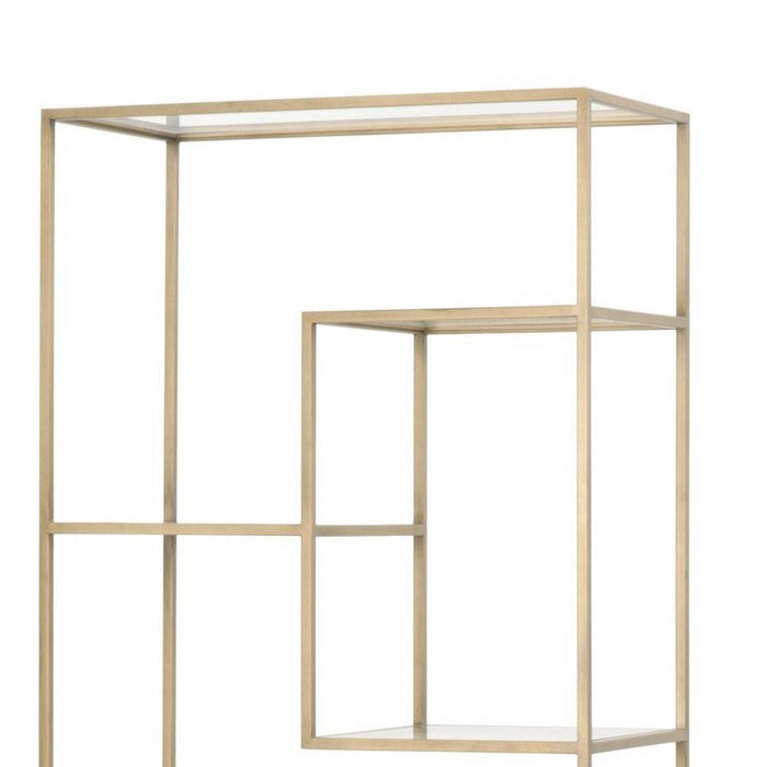 Glass and Metal Frame Bookcase with 7 Shelves, Brass and Clear