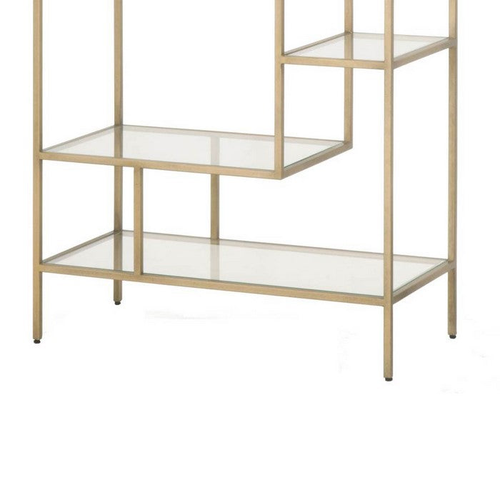 Glass and Metal Frame Bookcase with 7 Shelves, Brass and Clear