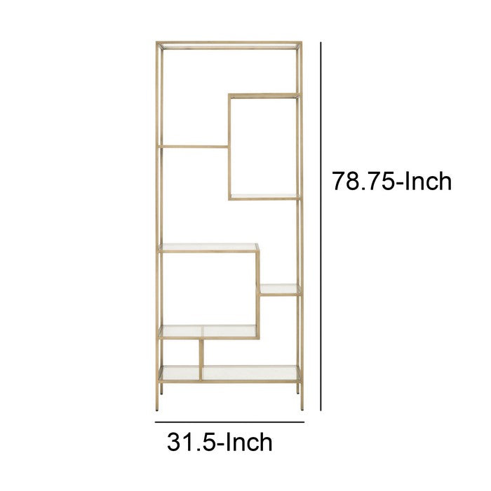 Glass and Metal Frame Bookcase with 7 Shelves, Brass and Clear