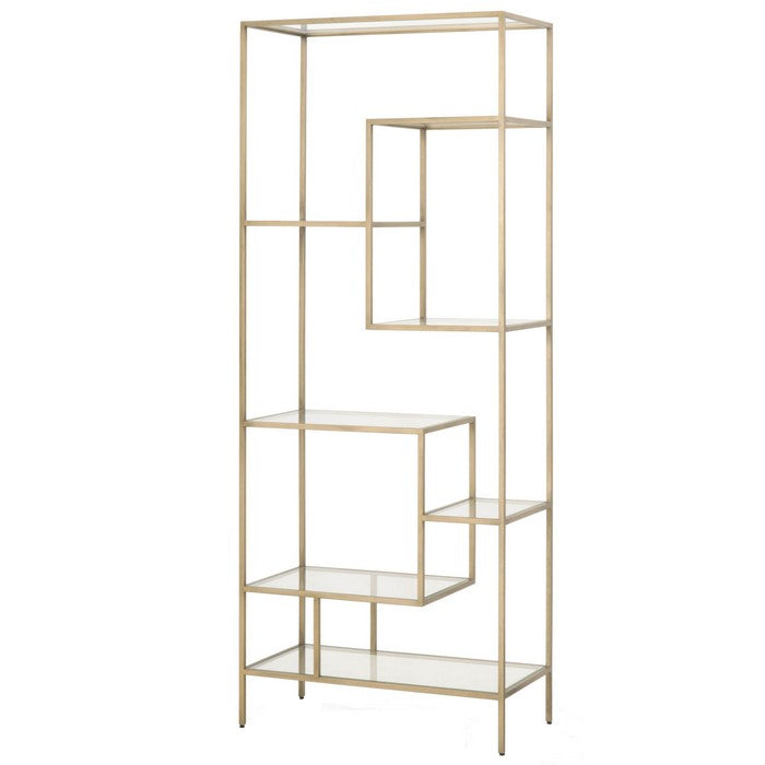 Glass and Metal Frame Bookcase with 7 Shelves, Brass and Clear