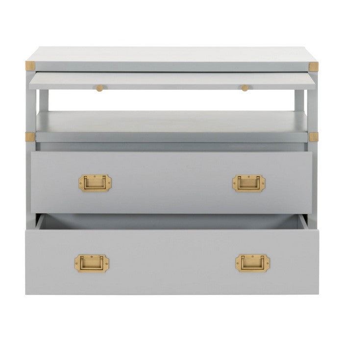 Wooden Frame Nightstand with 2 Drawers and 1 Pull Out Tray, Gray and Gold