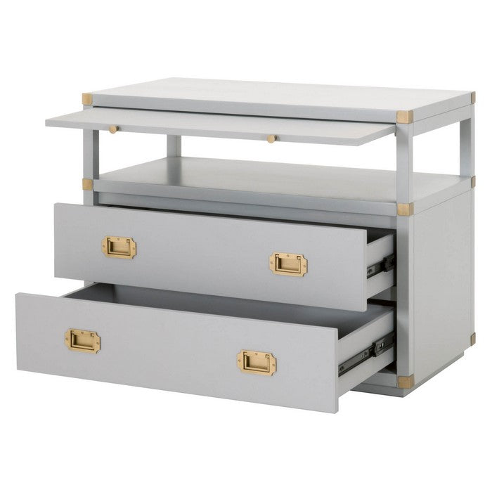 Wooden Frame Nightstand with 2 Drawers and 1 Pull Out Tray, Gray and Gold