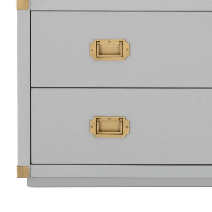 Wooden Frame Nightstand with 2 Drawers and 1 Pull Out Tray, Gray and Gold