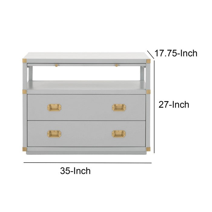 Wooden Frame Nightstand with 2 Drawers and 1 Pull Out Tray, Gray and Gold