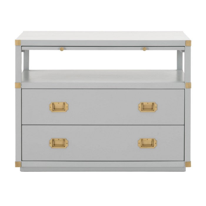 Wooden Frame Nightstand with 2 Drawers and 1 Pull Out Tray, Gray and Gold