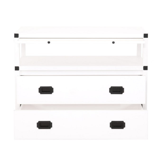 Wooden Frame Nightstand with 2 Drawers and 1 Pull Out Tray, White and Black