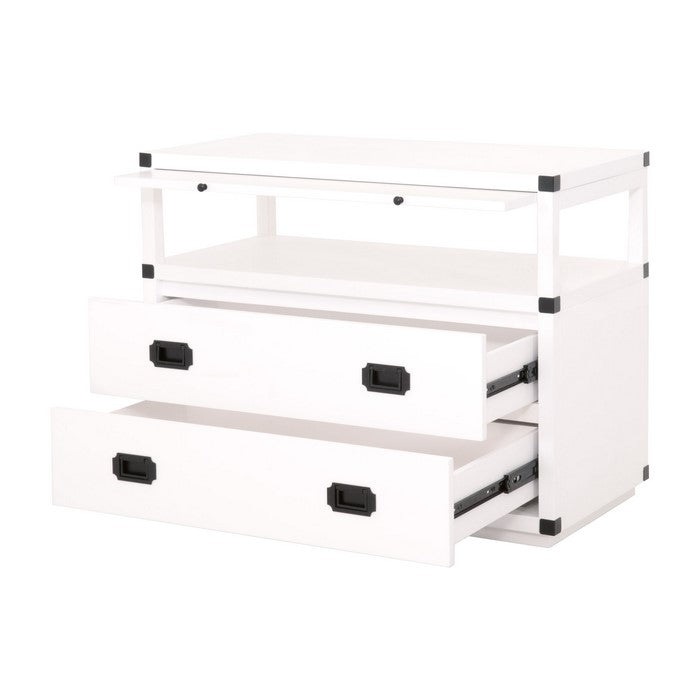 Wooden Frame Nightstand with 2 Drawers and 1 Pull Out Tray, White and Black