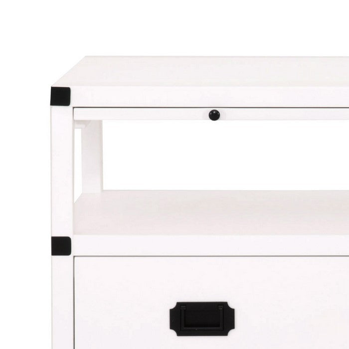 Wooden Frame Nightstand with 2 Drawers and 1 Pull Out Tray, White and Black